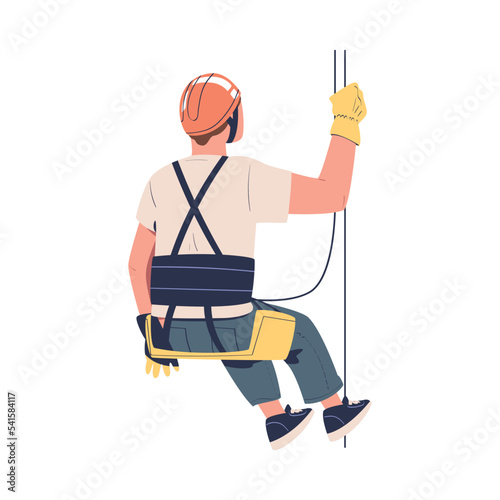 Man Working at Height Suspended on Rope and Hanging with Harness Engaged in Industrial Climbing Vector Illustration