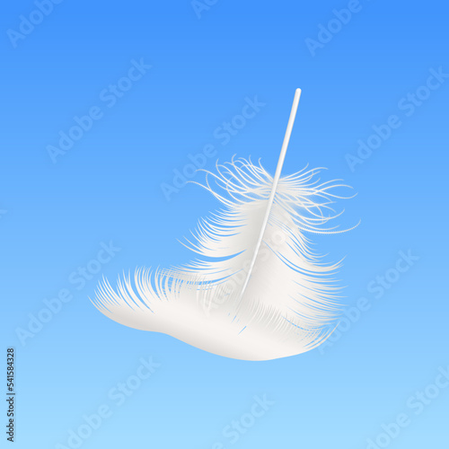 Vector 3d Realistic Falling White Fluffy Feather Closeup on Blue Sky Background. Design Template of Angel, Bird Detailed Feather. Lightness and Freedom Concept