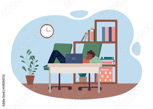 Dream on workplace. Man lies on two chairs in office. Lazy employee or boss. Rest after work, character sleeping. Comfort and coziness. Poster or banner for website. Cartoon flat vector illustration
