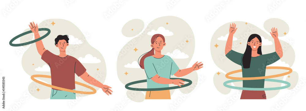 Hula hoop activity. Set of man and young girl doing exercises. Active lifestyle, fitness and sports. Cardio training and weight loss. Cartoon flat vector illustrations isolated on white background