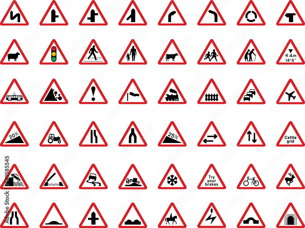 An isolated road warning traffic sign set. An isolated road warning traffic sign set.
