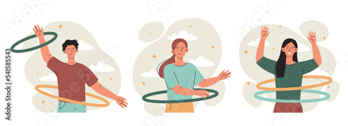 Hula hoop activity. Set of man and young girl doing exercises. Active lifestyle, fitness and sports. Cardio training and weight loss. Cartoon flat vector illustrations isolated on white background