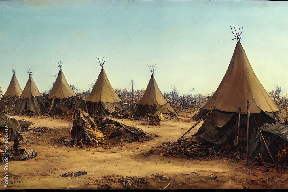Indian king war camps with tents in tropical environment. Panoramic