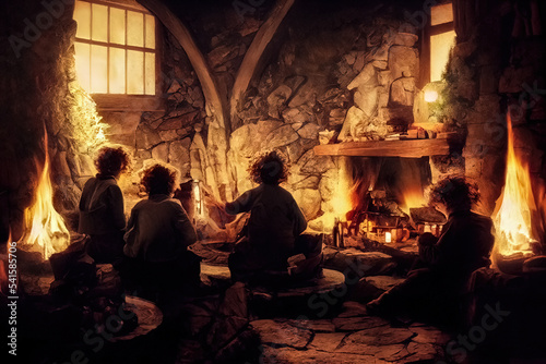 Canvastavla Concept art featuring a group of hobbits sat around a fireplace inside a cozy cobblestone home