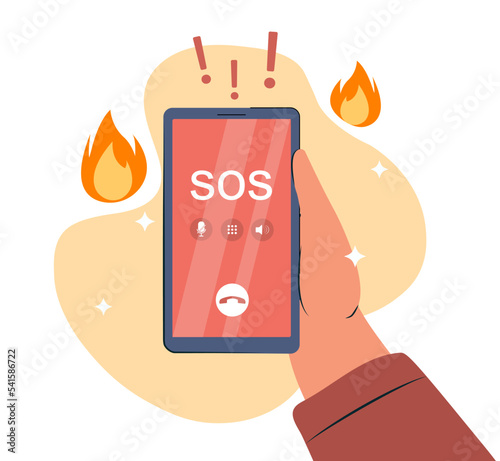 Emergency call concept. Character holding smartphone with inscription SOS and urgent help. Poster or banner for website. Important call, tragedy and problem. Cartoon flat vector illustration