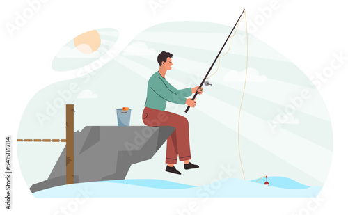 Fisherman at ocean. Man with fishing rod sits on cliff next to water and catches fish, getting food. Hobby and leisure, active lifestyle and rest. Young guy outdoor. Cartoon flat vector illustration