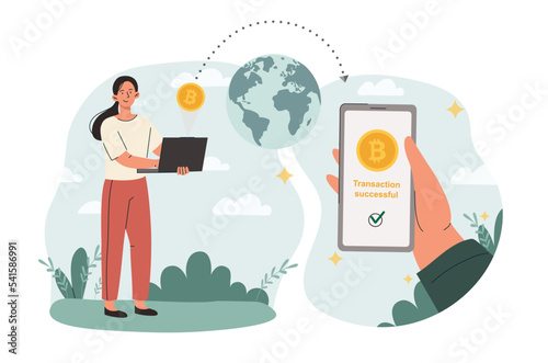 Money transfer cryptocurrency. Financial literacy and passive income. Woman near globe. Investing and trading, economics. Digital world and blockchain technology. Cartoon flat vector illustration