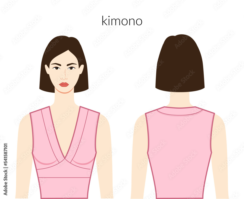 Kimono neckline clothes character beautiful lady in pink top, shirt, dress technical fashion illustration with fitted body. Flat apparel template front, back sides. Women, men unisex CAD mockup Kimono neckline clothes character beautiful lady in pink top, shirt, dress technical fashion illustration with fitted body. Flat apparel template front, back sides. Women, men unisex CAD mockup