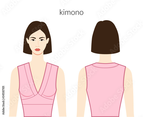 Kimono neckline clothes character beautiful lady in pink top, shirt, dress technical fashion illustration with fitted body. Flat apparel template front, back sides. Women, men unisex CAD mockup
