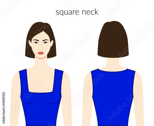 Square neckline clothes character beautiful lady in blue top, shirt, dress technical fashion illustration with fitted body. Flat apparel template front, back sides. Women, men unisex CAD mockup