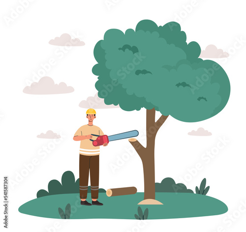 Woodcutter at work. Man with chainsaw near tree. Worker and repairman. Young guy in uniform making deforestation. Character in workwear. Poster or banner for website. Cartoon flat vector illustration