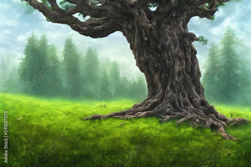 An illustration of a huge ancient tree in a meadow