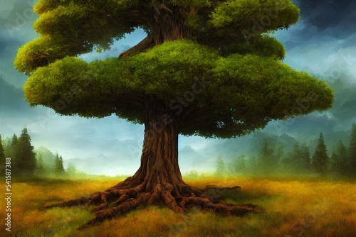An illustration of a huge ancient tree in a meadow