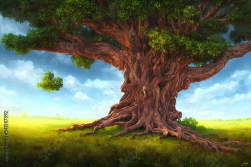 An illustration of a huge ancient tree in a meadow