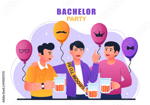 Bachelor party concept. Men in ribbons with alcoholic drinks and balloons. Poster or banner for website. Event and entertainment, holiday and festival metaphor. Cartoon flat vector illustration