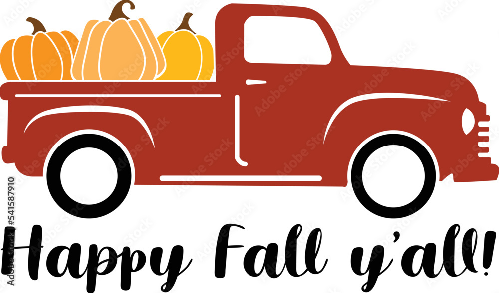 Fall pickup truck design woth pumkins and happy Fall y'all text. - obrazy, fototapety, plakaty 