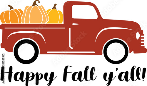 Fall pickup truck design woth pumkins and happy Fall y'all text.