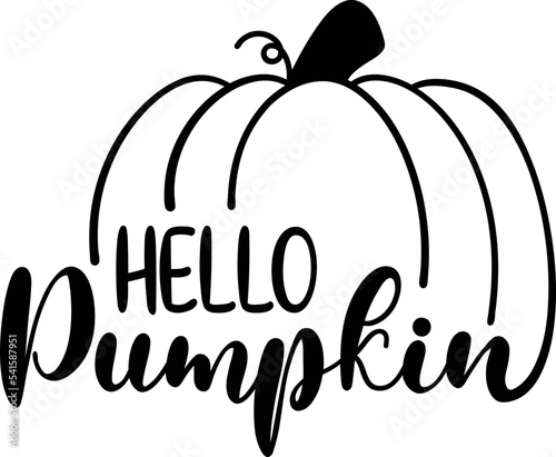 Hello pumpkin text design with letters flowing into pumpkin illustration.