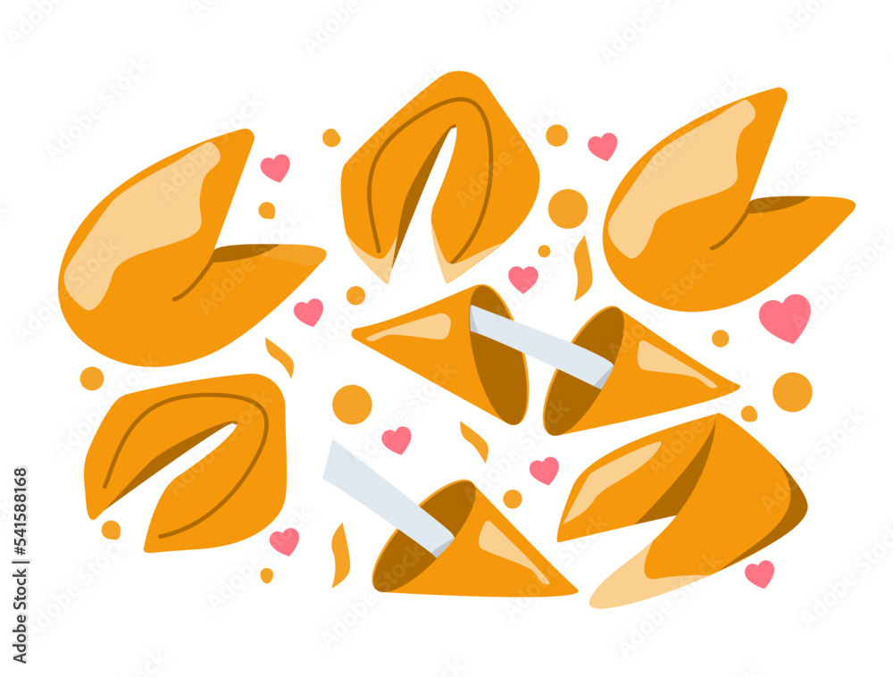 Naklejka premium Set of cookies. Collection of stickers for social networks, messengers and graphic elements for website. Sweets with wishes inside. Cartoon flat vector illustrations isolated on white background