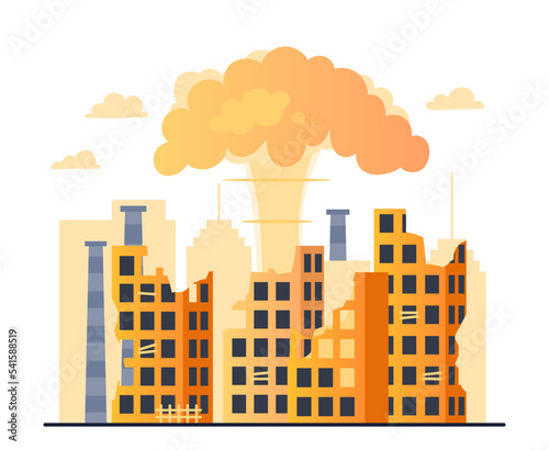 Destroyed city concept. Explosion behind highrise crashed buildings, bombardment and war. Crime and aggression, danger. Nuclear explosion or terrorism metaphor. Cartoon flat vector illustration
