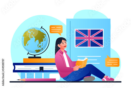 English school concept. Young girl sits with book in front of British flag. Student remotely learns international language for communication and interaction. Cartoon flat vector illustration