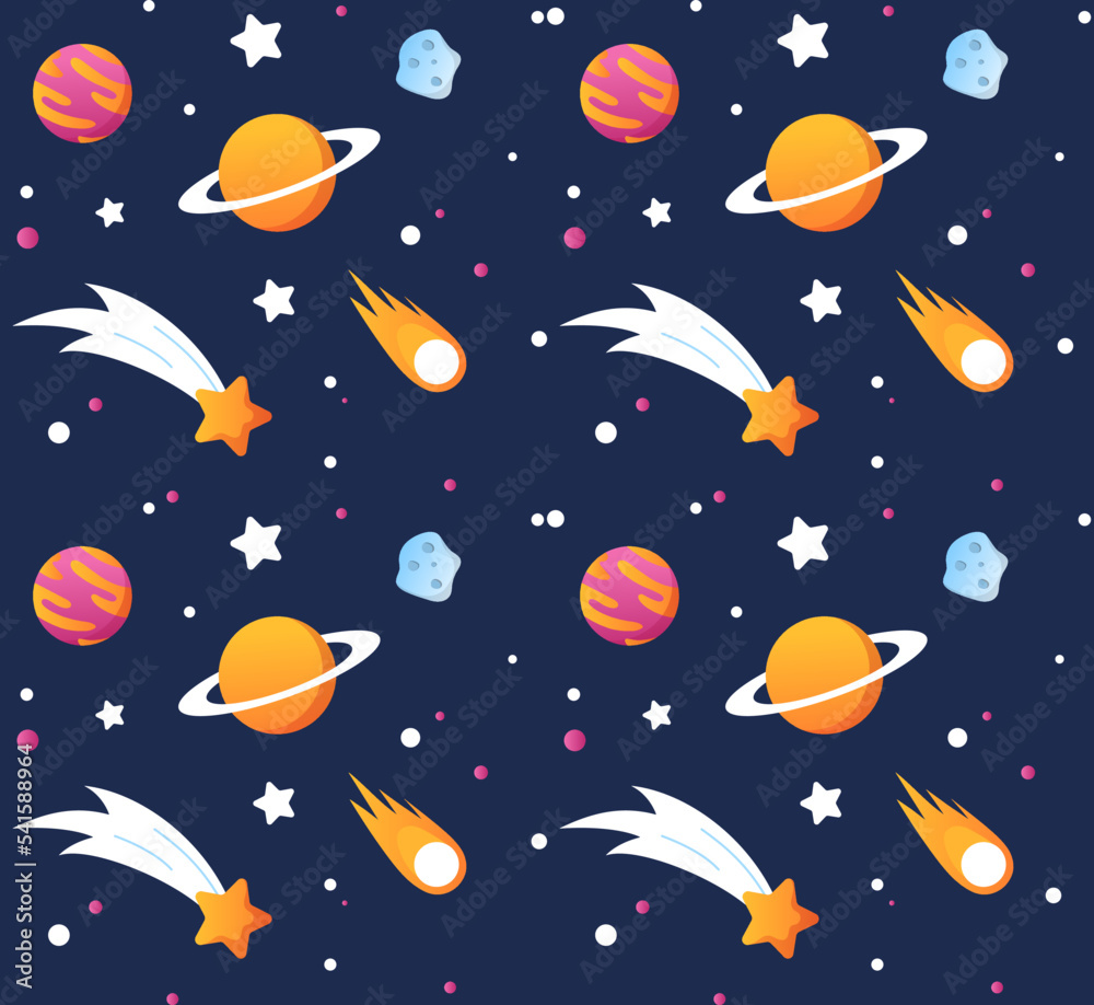 Galaxy seamless pattern. Repeating design element for printing on fabric. Planets and falling stars, meteorites. Astrology and astronomy. Galaxy, cosmos and space. Cartoon flat vector illustration