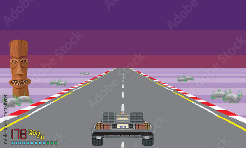 retro-futuristic sci-fi race car from the 80's with a night background