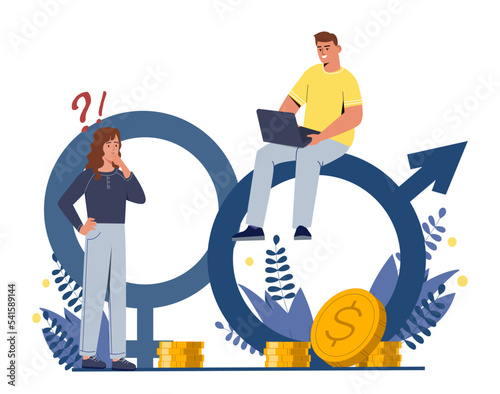 Gender gap concept. Man and woman sitting next to stack of gold coins and with laptop. Equality and tolerance, fundamental rights. Poster or banner for website. Cartoon flat vector illustration
