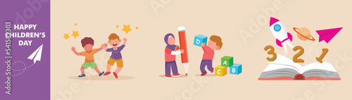 Happy little boy and girl with stars, pencil, box and book. Children day set concept. Colored flat graphic vector illustration isolated.