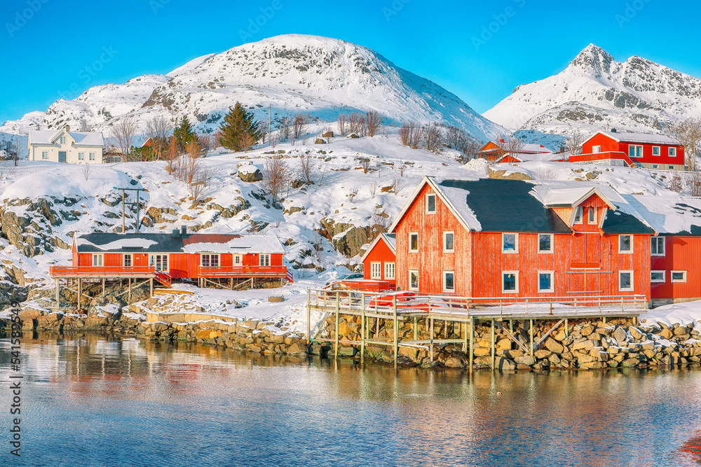 Fototapeta premium Outstanding morning seascape of Norwegian sea and cityscape of Sorvagen town.