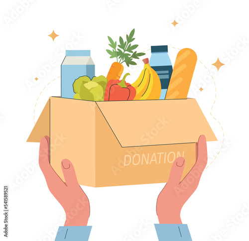 Volunteers box concept. Character holding parcel with natural and organic products. Foundation and donations. Responsible society, care and love. Poster or banner. Cartoon flat vector illustration