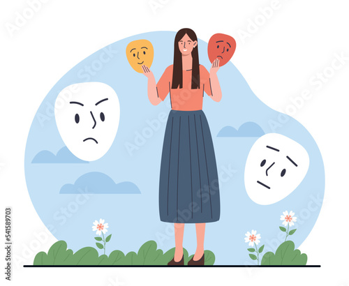 Woman with emotions. Mental health and psychology, awareness. Young girl chooses one of two masks. Mood, feelings and facial expressions. Fake and pretender. Cartoon flat vector illustration