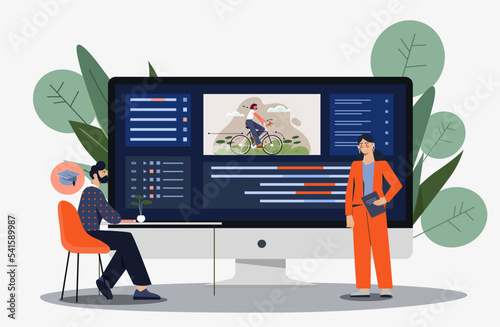 Online webinar concept. Man and woman streaming on Internet, showing movie or series. Modern technologies and digital world, wireless connection. Poster or banner. Cartoon flat vector illustration