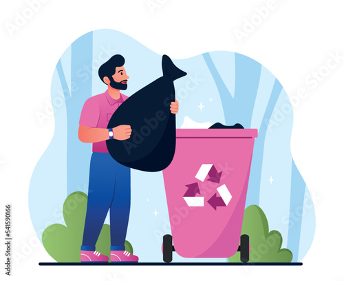 Man with waste. Young guy sorts waste, cares about ecology, nature and environment. Responsible society and eco friendly character. Poster or banner for website. Cartoon flat vector illustration
