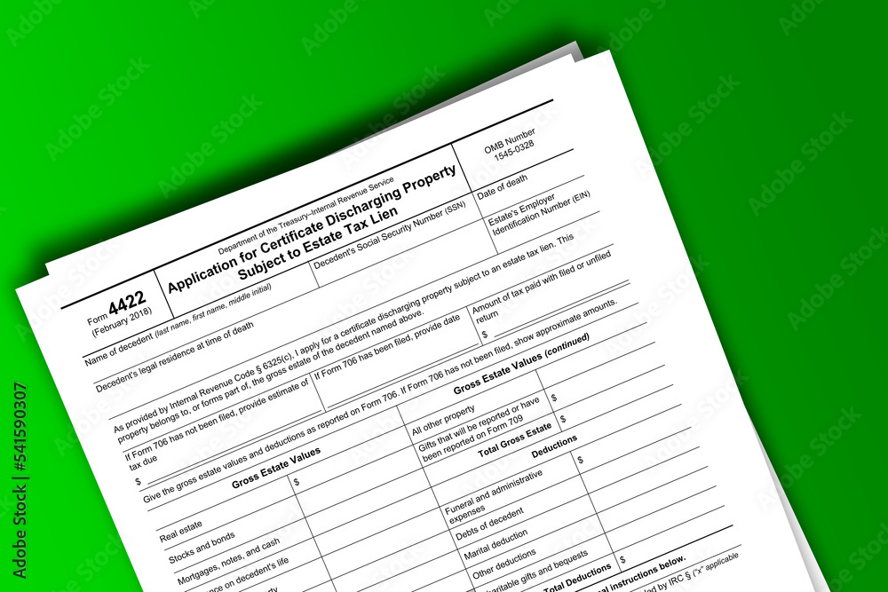 Form 4422 documentation published IRS USA 02.23.2018. American tax document on colored Form 4422 documentation published IRS USA 02.23.2018. American tax document on colored