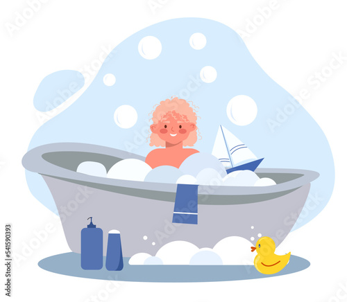Child in bath. Happy girl washes with soap bubbles at bathroom. Cleanliness, health care and hygiene. Routine and household chores. Poster or banner for website. Cartoon flat vector illustration