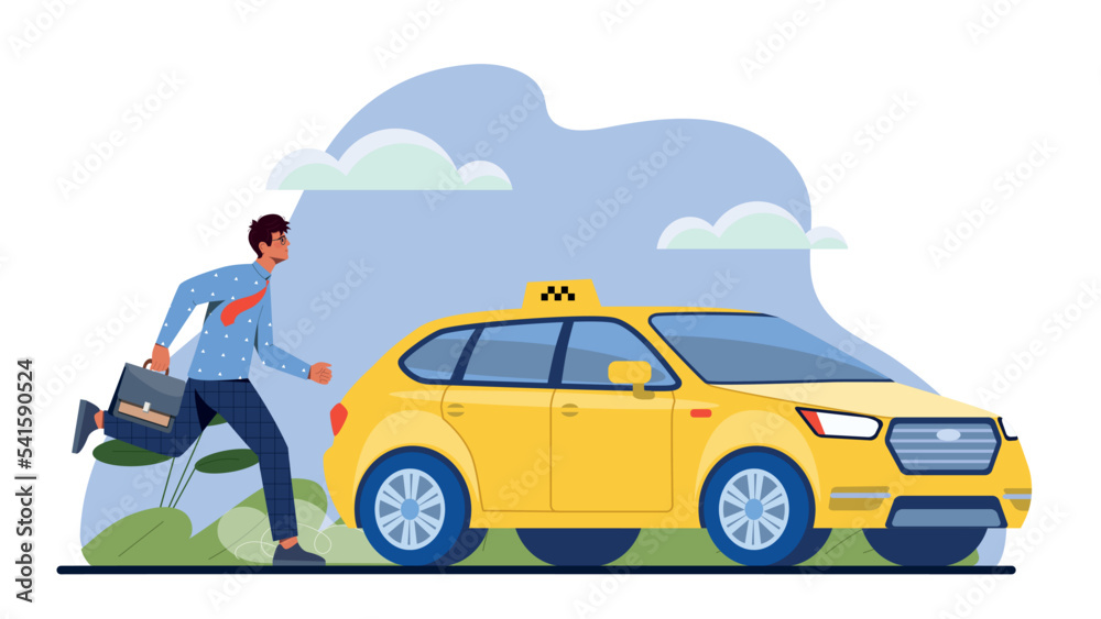 Man with taxi. Transportation, poster or banner for website. Service, travel and comfort. Symbol of parking and fast delivery. Yellow automobile and vehicle. Cartoon flat vector illustration
