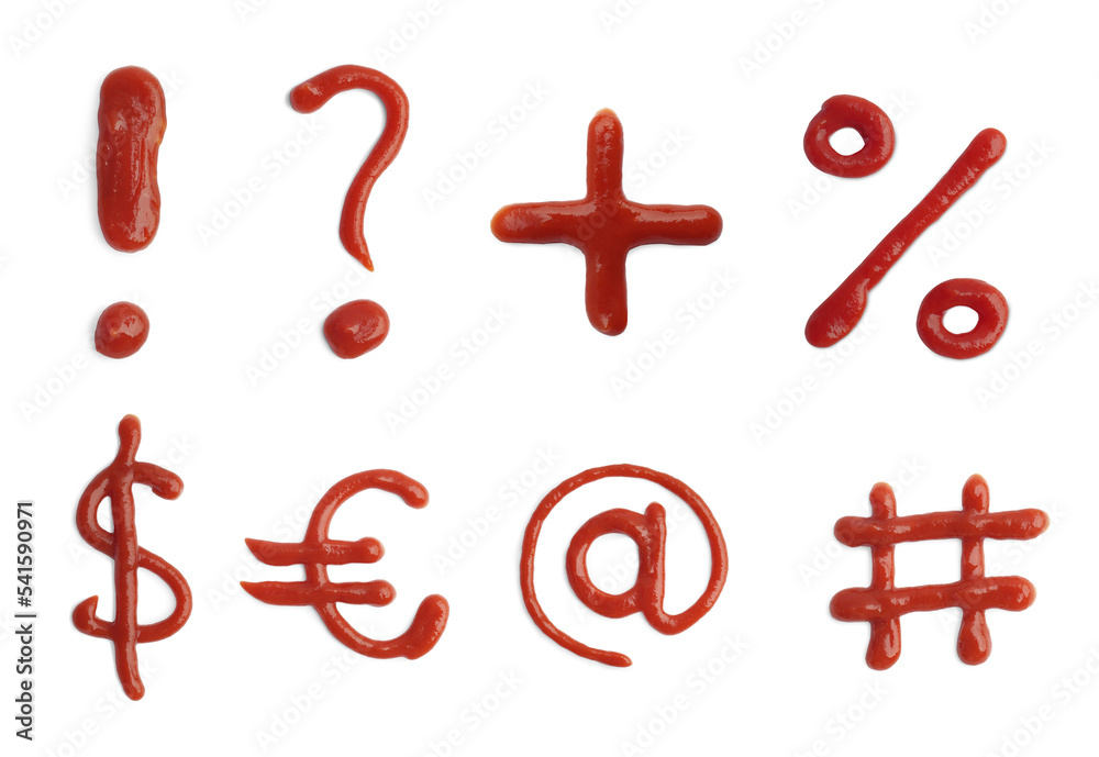 Different symbols made of ketchup on white background Different symbols made of ketchup on white background