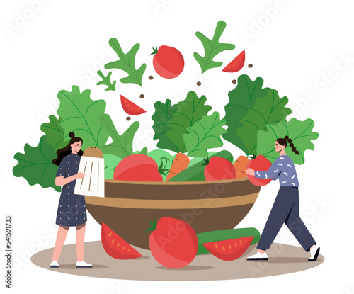 People cook concept. Women put tomatoes and cabbage on plate. Young girls make vegetable salad. Balanced nutrition and healthy diet, vitamins and useful elements. Cartoon flat vector illustration