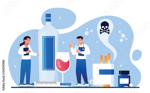 Concept of narcologist. Man and woman will taste alcohol and cigarettes. Fighting addictions and bad habits, taking care of health. Medical poster or banner. Cartoon flat vector illustration