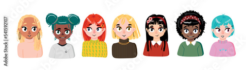 Vector illustration. Set of girls avatars. Girlfriends. Many people. Characters. People in a row. Various hairstyles and outfits.