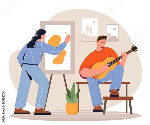 Creative hobby concept. Man plays guitar and woman paints abstract painting on canvas. Characters make art, create something new. Leisure and rest. Poster or banner. Cartoon flat vector illustration