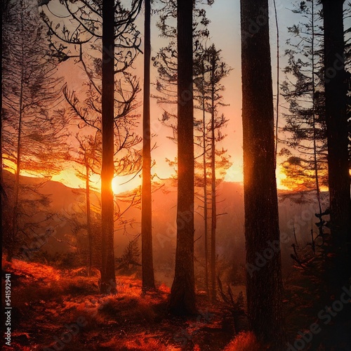 Colorful sunset in a mountain forest. High quality photo