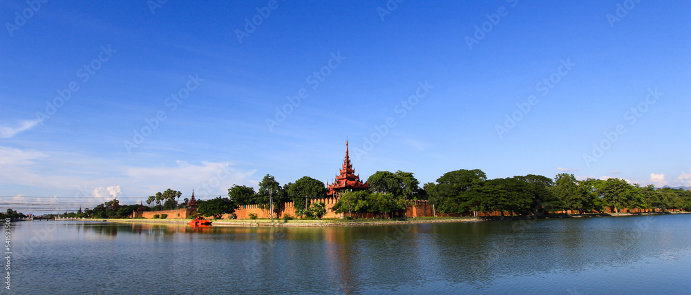 Ancient royal Palace, surrounded by a moat. Myanmar Mandalay.