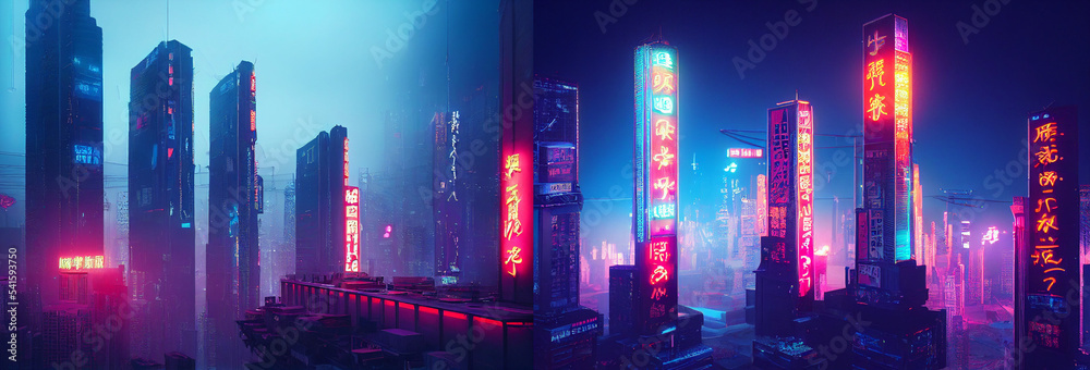 Cyberpunk city, neon lights, future skyscrapers, abstract background with colorful lights