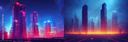 Futuristic cyberpunk cityscape  future architecture  fountain in the night  neon lights