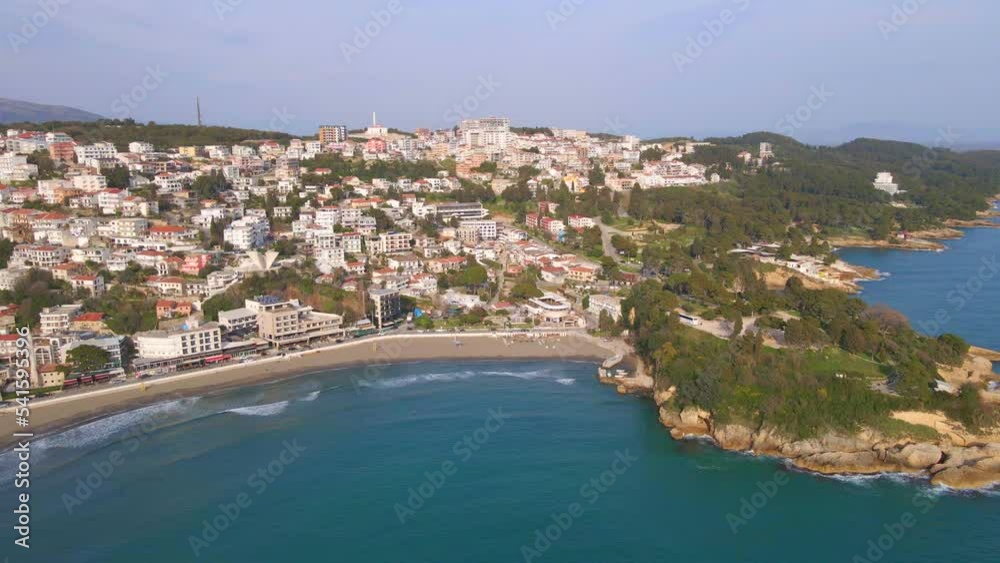 Aerial video. Slowmotion shot of the old town of the city of Ulcinj, a coastal town in the southern part of Montenegro. Travel destinations of Montenegro Aerial video. Slowmotion shot of the old town of the city of Ulcinj, a coastal town in the southern part of Montenegro. Travel destinations of Montenegro