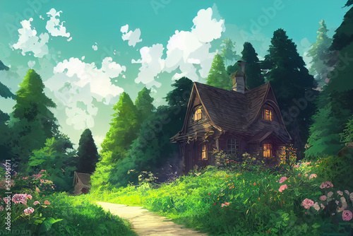 A Victorian cottage surrounded by calm and peaceful green forest