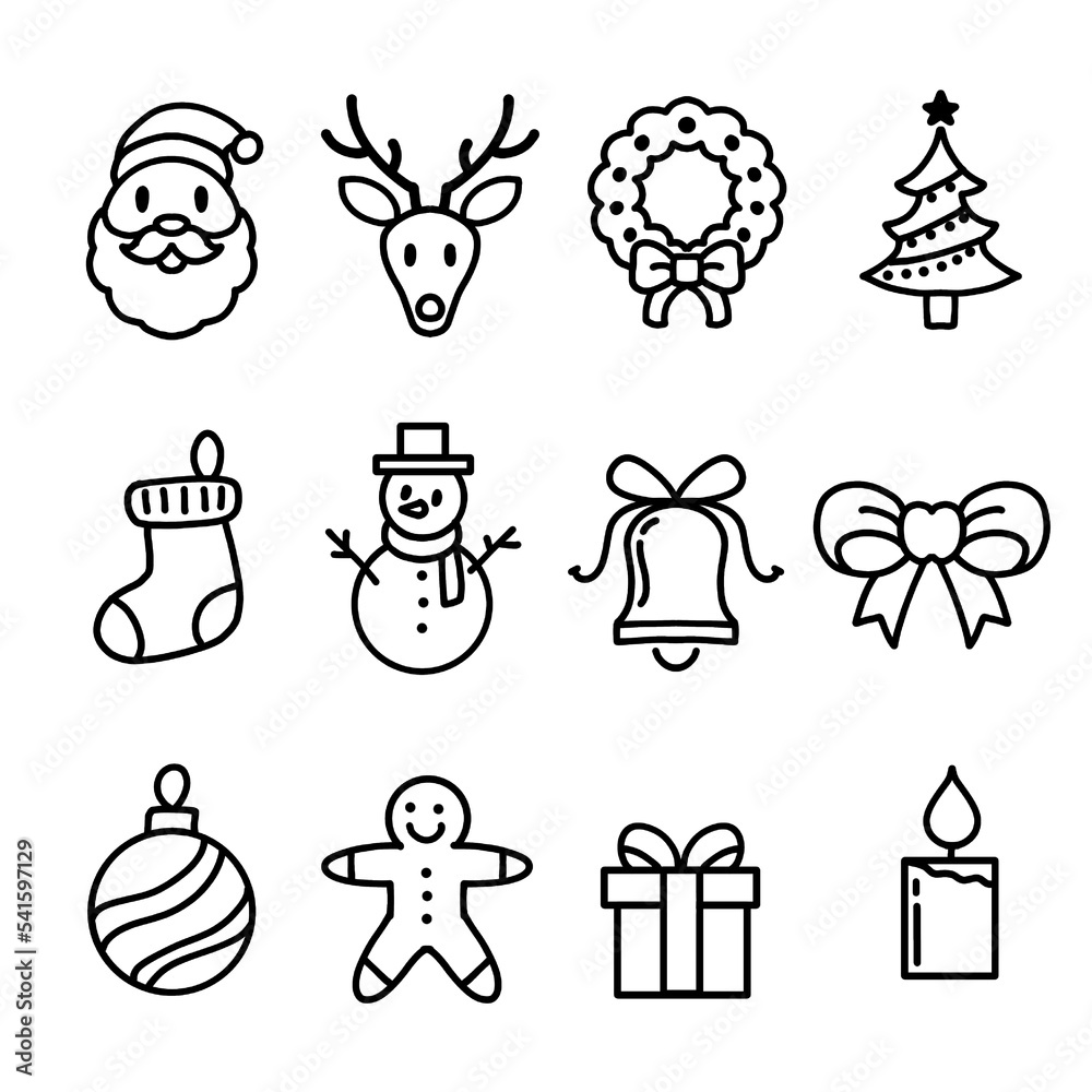 Fototapeta premium Vector handmade Christmas icon set in black and white.