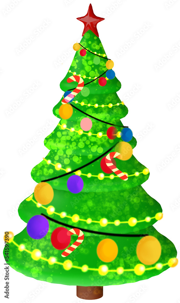 3D illustration of a Christmas green tree and for the New Year with colourful decorations and toys on a transparent background 3D illustration of a Christmas green tree and for the New Year with colourful decorations and toys on a transparent background